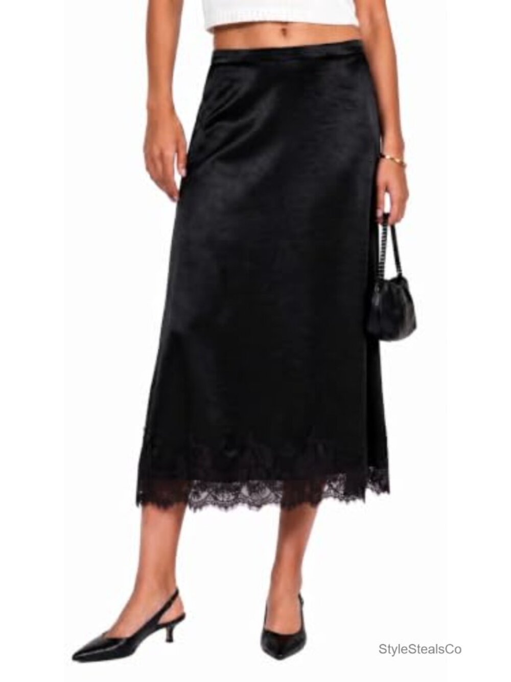 Satin Lace Trim Midi Skirt Elastic Waist A-Line